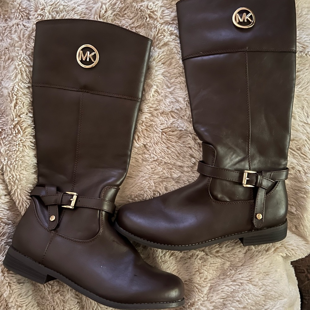 Michael Kors Dark Brown Leather Boots with Gold Accents